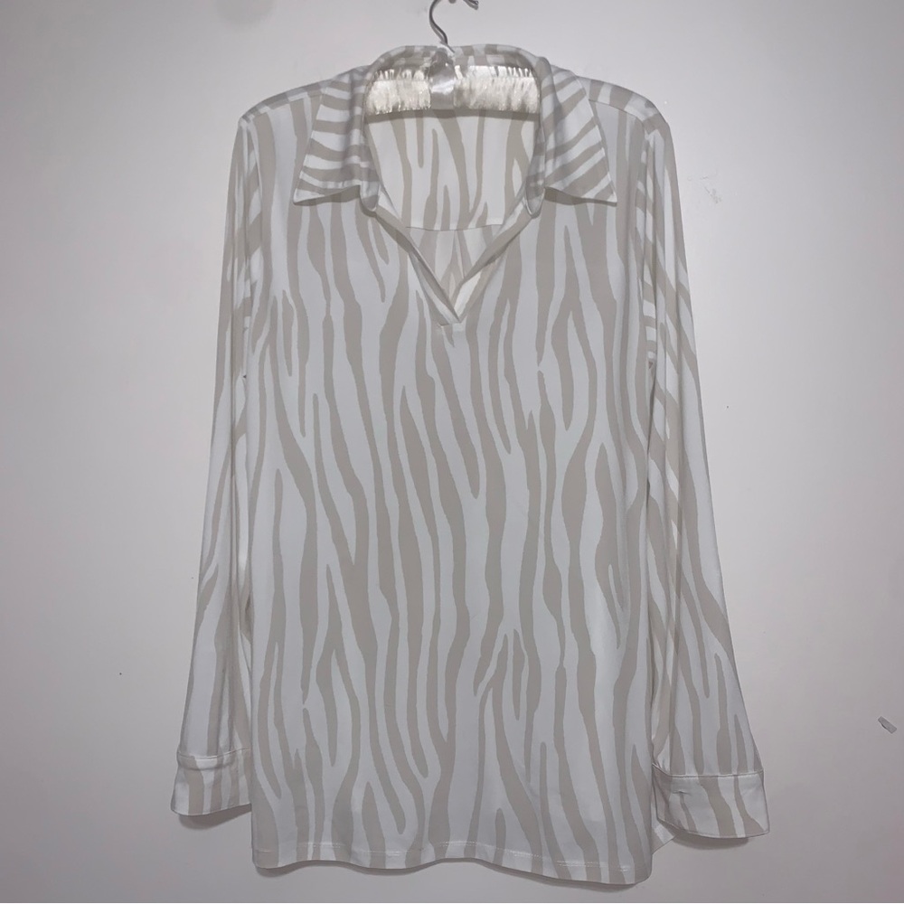 IMAN White and Tan Zebra Print Blouse Large